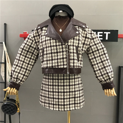 Új modell női szett fekete és barna kabáttal és szoknyával