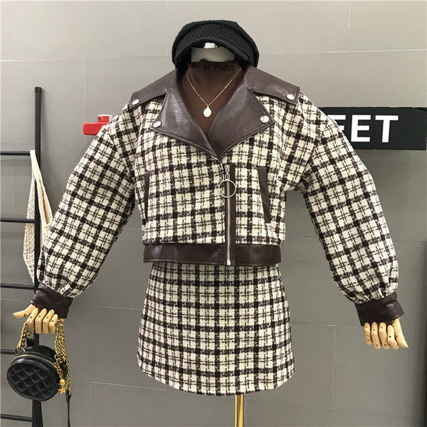 Új modell női szett fekete és barna kabáttal és szoknyával