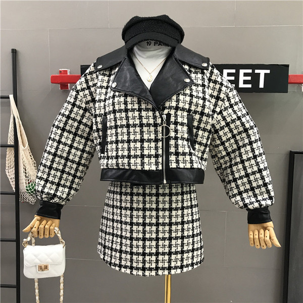 Új modell női szett fekete és barna kabáttal és szoknyával