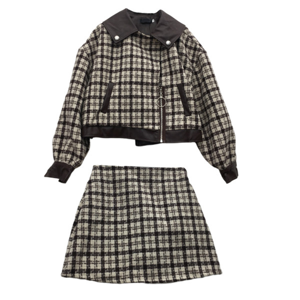 Új modell női szett fekete és barna kabáttal és szoknyával