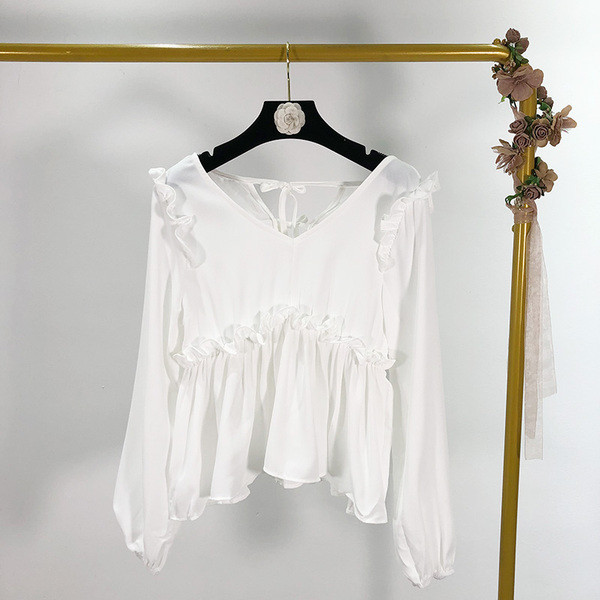 Rövid női blúz spitz nyakkivágással, hátul megkötős - három színben