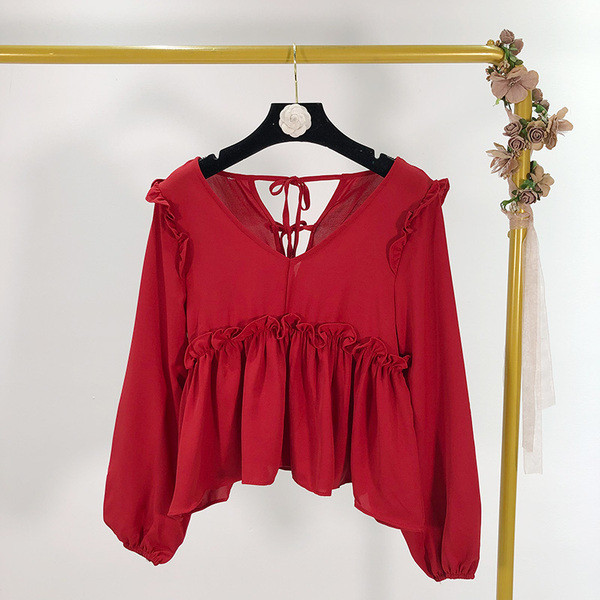 Rövid női blúz spitz nyakkivágással, hátul megkötős - három színben