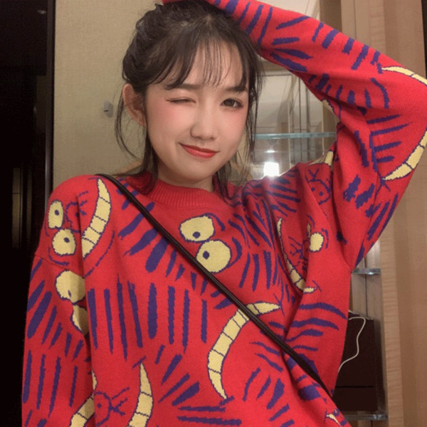 Pulover lung de damă în roșu și negru