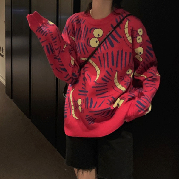 Pulover lung de damă în roșu și negru