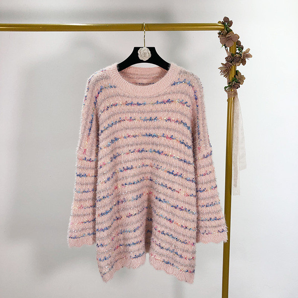 Alkalmi női pulóver ovális nyakkivágással és hosszú ujjú bézs és rózsaszín színben