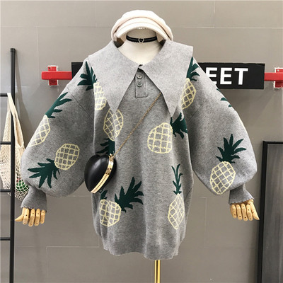 Modern női széles pulóver színes mintával szürke és fekete színben