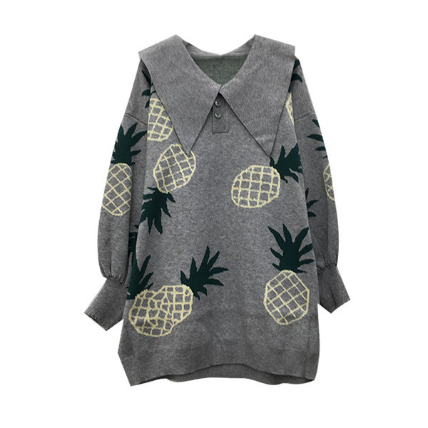 Modern női széles pulóver színes mintával szürke és fekete színben