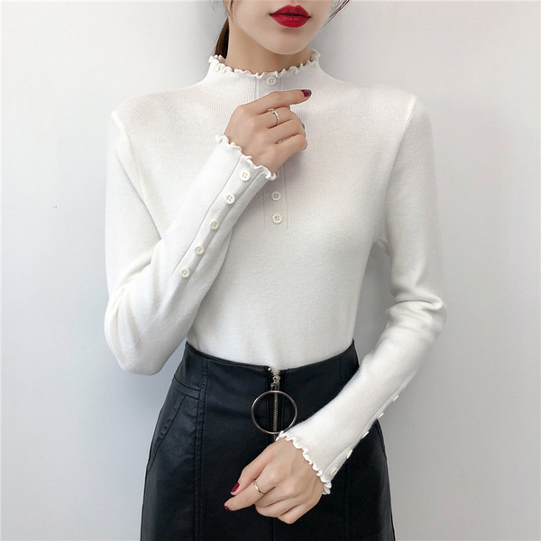 Új modell modern női pulóver gombokkal és alacsony pólógallérral több színben