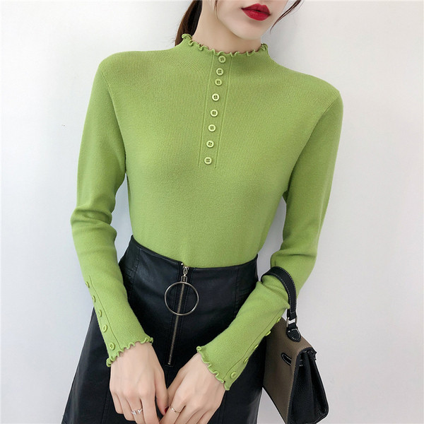 Új modell modern női pulóver gombokkal és alacsony pólógallérral több színben
