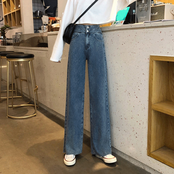 Blugi casual de dama in albastru model lat cu talie inalta