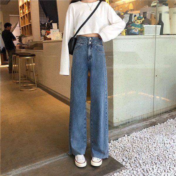 Blugi casual de dama in albastru model lat cu talie inalta