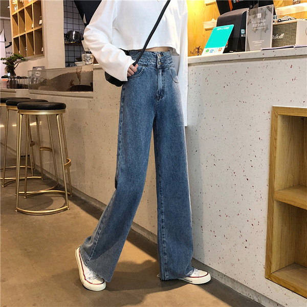 Blugi casual de dama in albastru model lat cu talie inalta