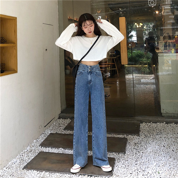 Blugi casual de dama in albastru model lat cu talie inalta