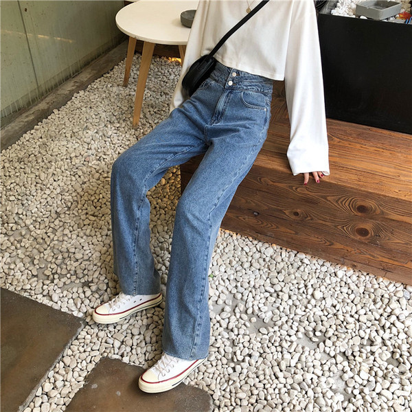 Blugi casual de dama in albastru model lat cu talie inalta