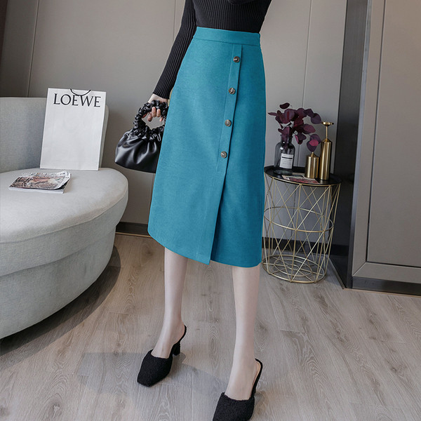 Új modell modern női szoknya fekete, kék és zöld gombokkal