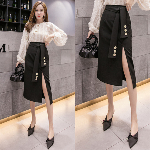 Új modell női szoknya hasítékkal és övvel fekete, szürke és barna színekben