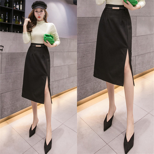 Új modell elegáns női szoknya övvel és hasítékkal, fekete és szürke színben