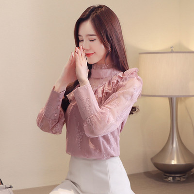 Új modell stílusos női ing tüllel és magas gallérral, három színben