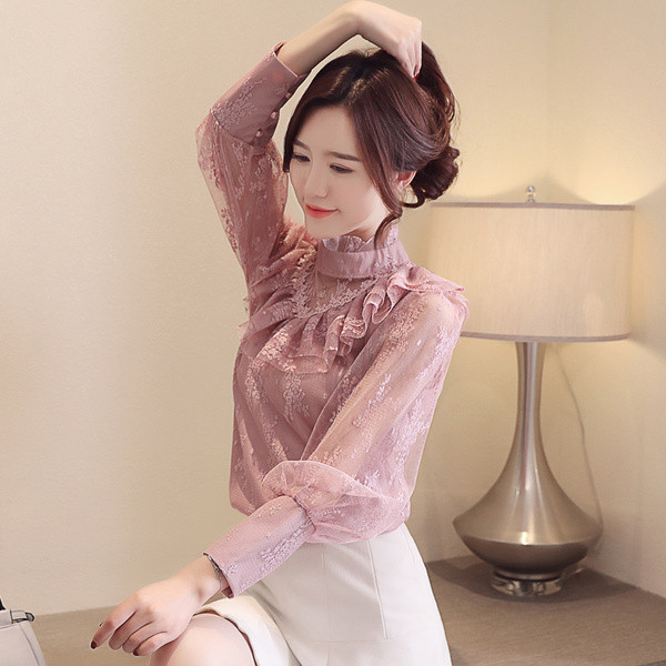 Új modell stílusos női ing tüllel és magas gallérral, három színben