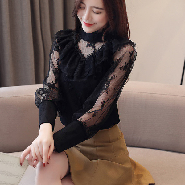 Új modell stílusos női ing tüllel és magas gallérral, három színben