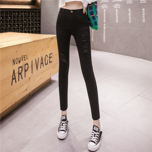 Modern női farmer új modell szakadt motívumokkal - magas derék fekete színben