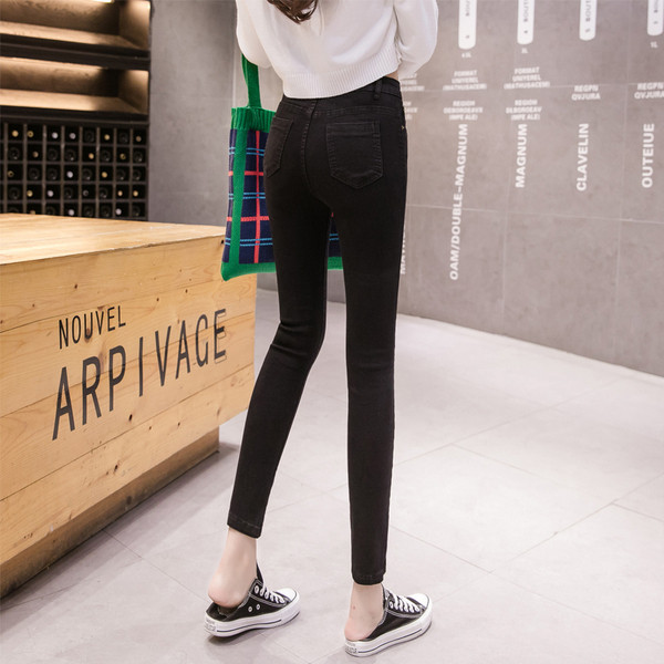 Modern női farmer új modell szakadt motívumokkal - magas derék fekete színben