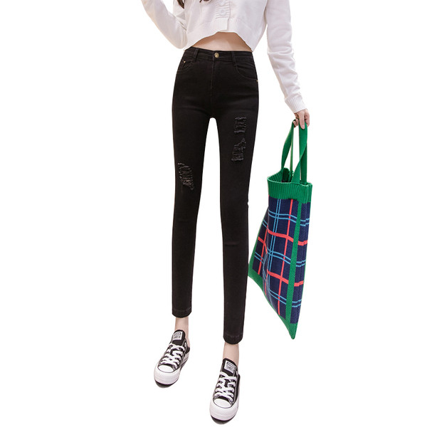 Modern női farmer új modell szakadt motívumokkal - magas derék fekete színben