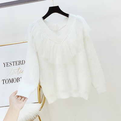 Pulover de dama cu tul si decolteu spitz in mai multe culori