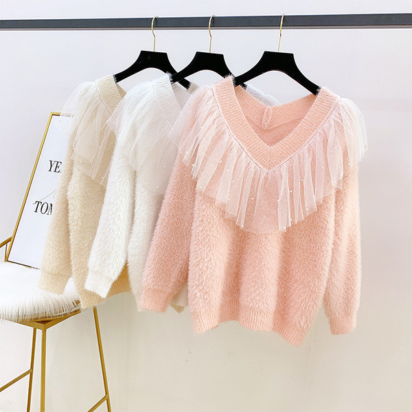 Pulover de dama cu tul si decolteu spitz in mai multe culori