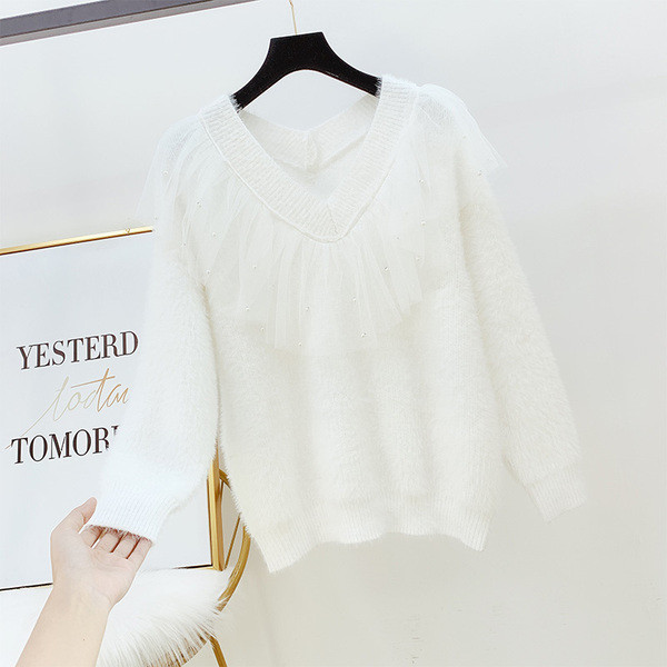 Pulover de dama cu tul si decolteu spitz in mai multe culori