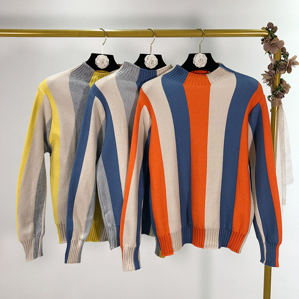 Pulover casual cu dungi cu guler semi-înalt în mai multe culori