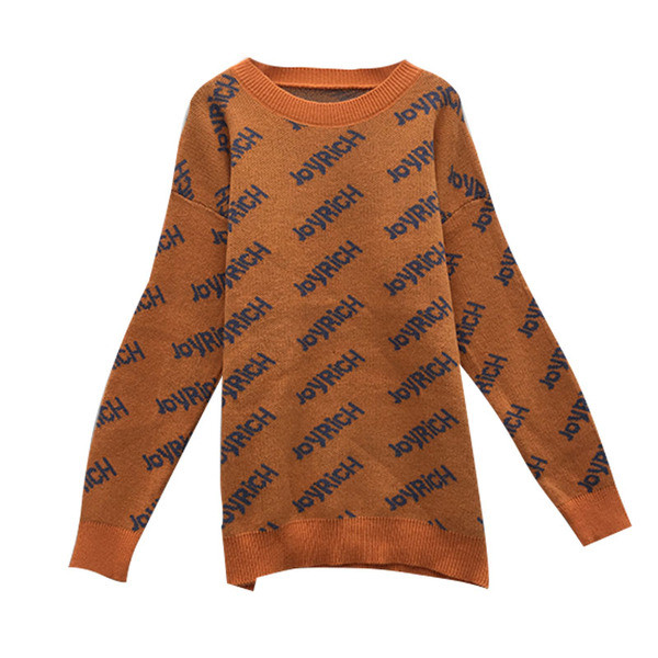 Hosszú női pulóver rózsaszín, narancssárga és zöld feliratokkal