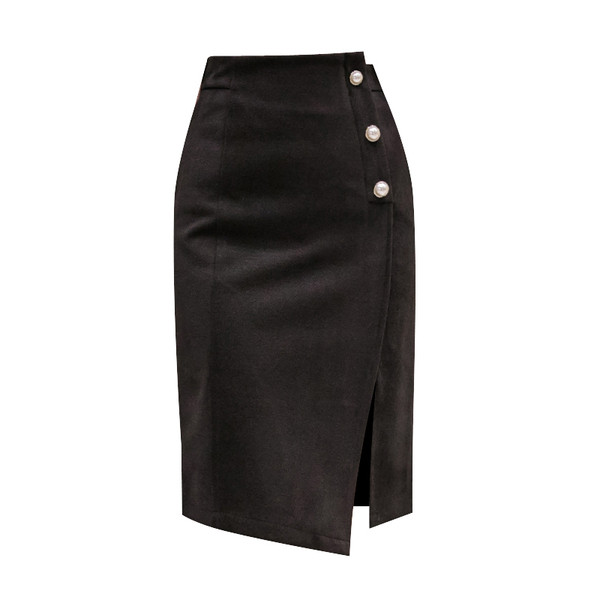 Új modell stílusos női szoknya hasítékkal és gombokkal bézs és fekete színben