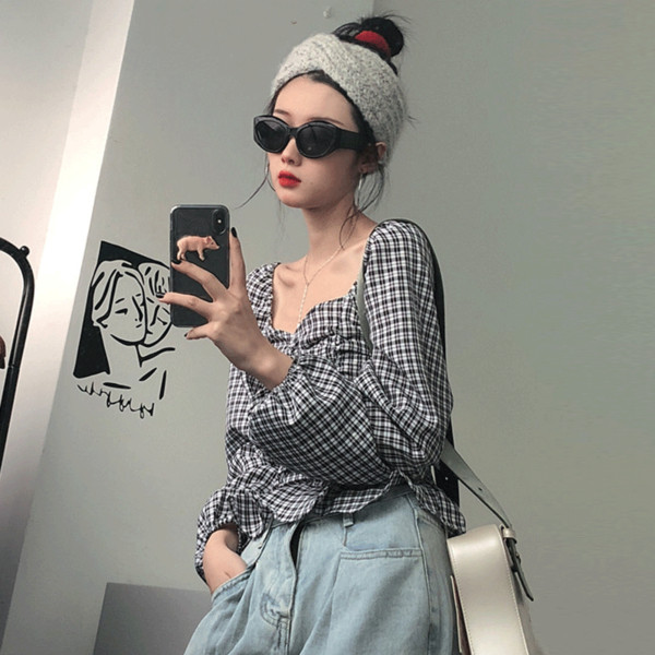 Női alkalmi kockás blúz négyzet alakú nyakkivágással