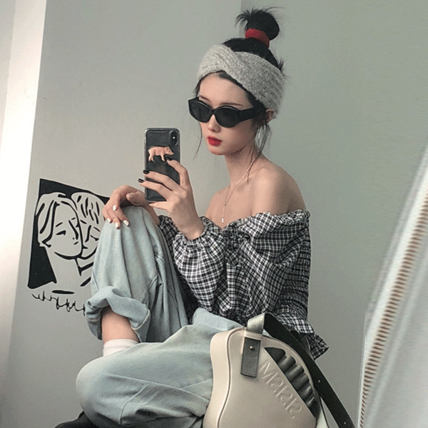 Női alkalmi kockás blúz négyzet alakú nyakkivágással