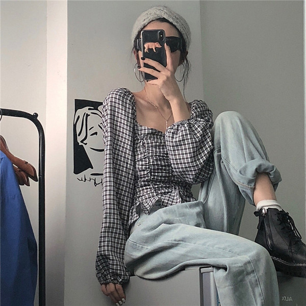 Női alkalmi kockás blúz négyzet alakú nyakkivágással