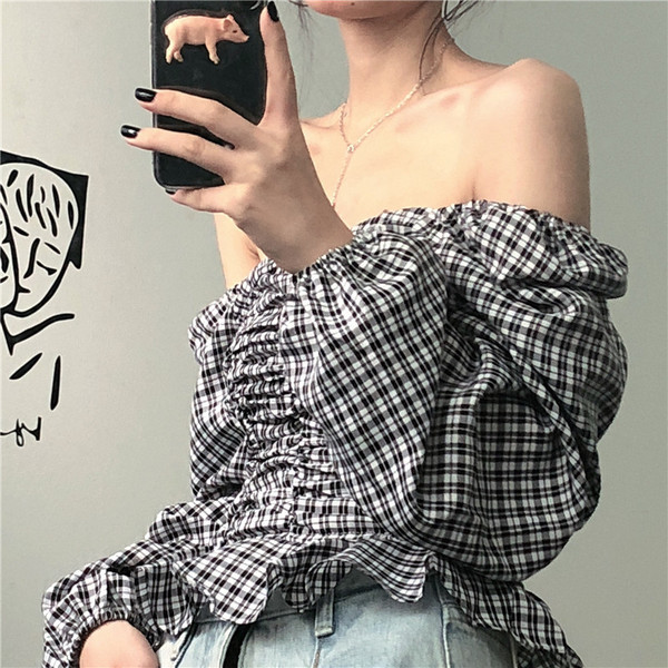 Női alkalmi kockás blúz négyzet alakú nyakkivágással