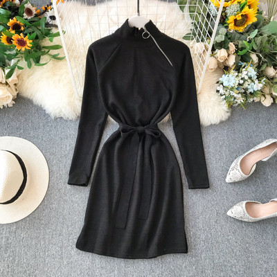 Alkalmi női ruha cipzárral és derékkötővel, fekete és barna színben