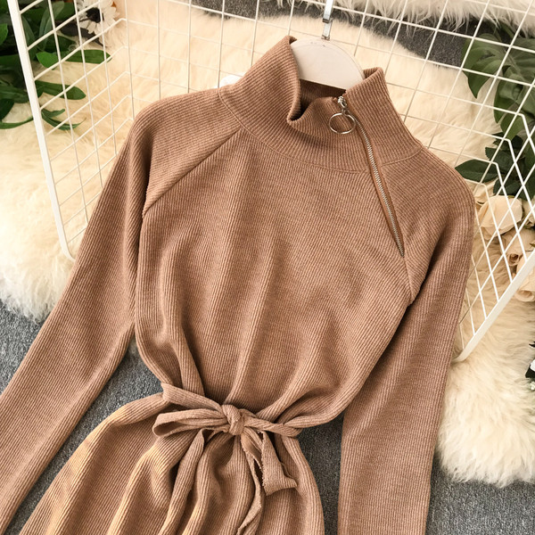 Alkalmi női ruha cipzárral és derékkötővel, fekete és barna színben