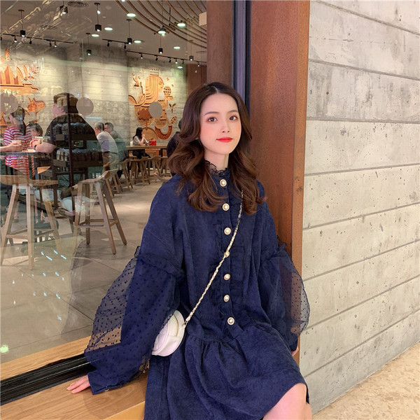 Modern női hosszú kék ruha, tüll