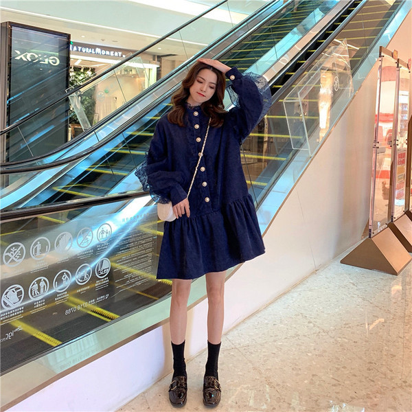 Modern női hosszú kék ruha, tüll