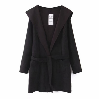 Дълго тънко палто с колан и качулка в три цвята от еко велур