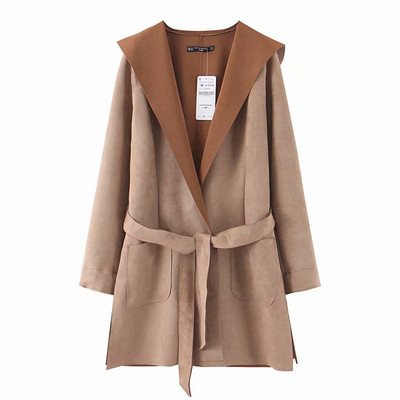 Дълго тънко палто с колан и качулка в три цвята от еко велур