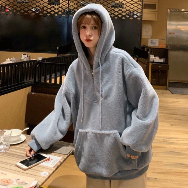 Puha női laza pulóver zsebbel és cipzárral