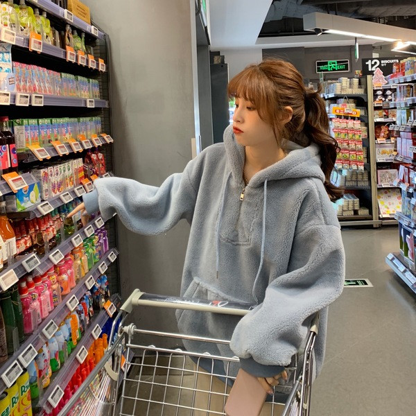 Puha női laza pulóver zsebbel és cipzárral