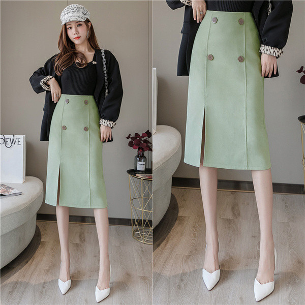 Aktuális női szoknya hasítékkal és gombokkal bézs, zöld és fekete színben