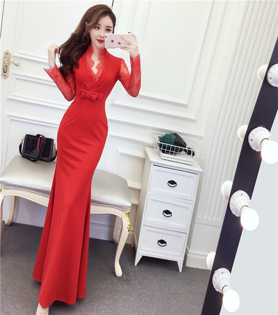 Rochie lunga de dama eleganta cu dantela si panglica in mai multe culori