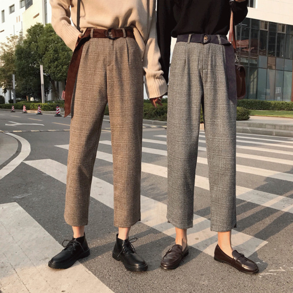 Pantaloni dama in carouri in doua culori cu talie inalta