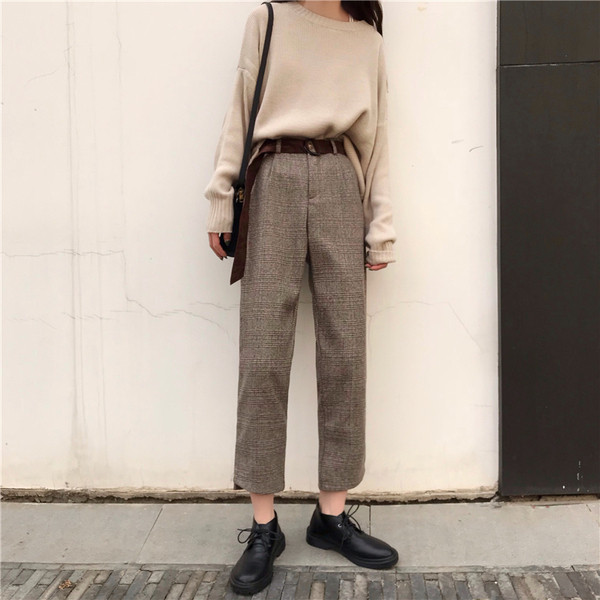 Pantaloni dama in carouri in doua culori cu talie inalta