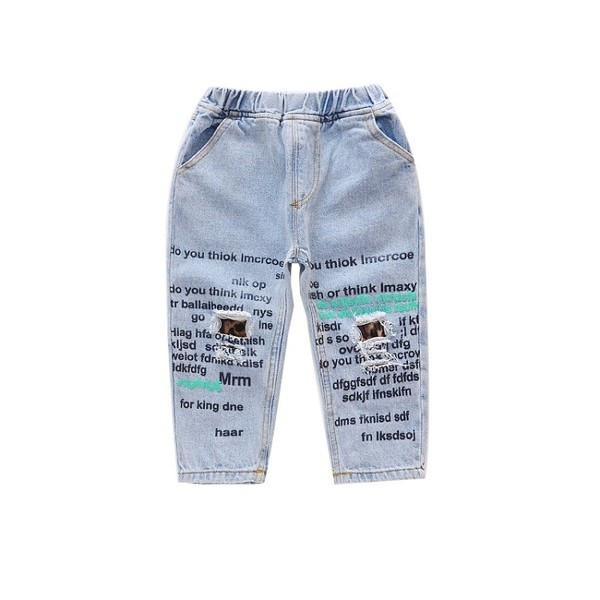 Modern, kék színű gyerekfarmer, feliratokkal és zsebekkel lányoknak